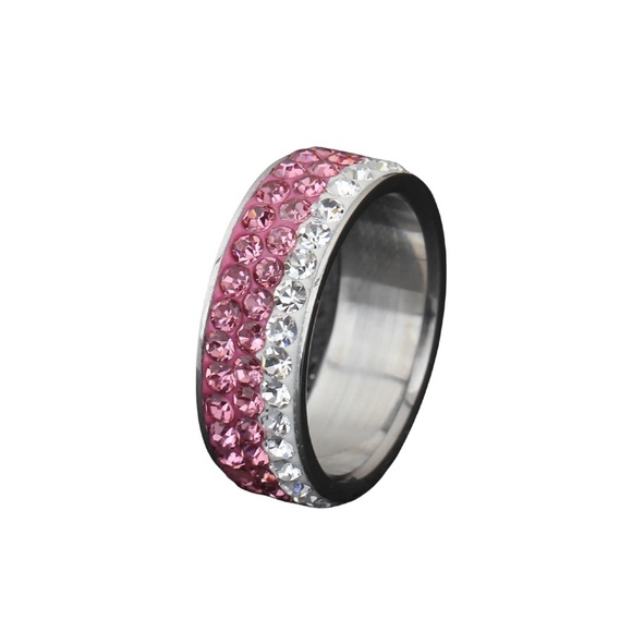 Pink & Clear Czech Crystal Ring – Stainless Steel, Size 9 - Picture 1 of 2